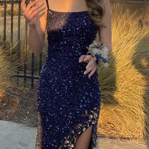 prom dress. navy with gold detail